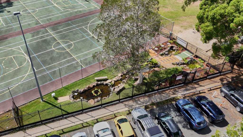 Aerial view of a fenced multi-sport court with green surface and yellow lines, adjacent to a landscaped area and parking lot with cars nearby.