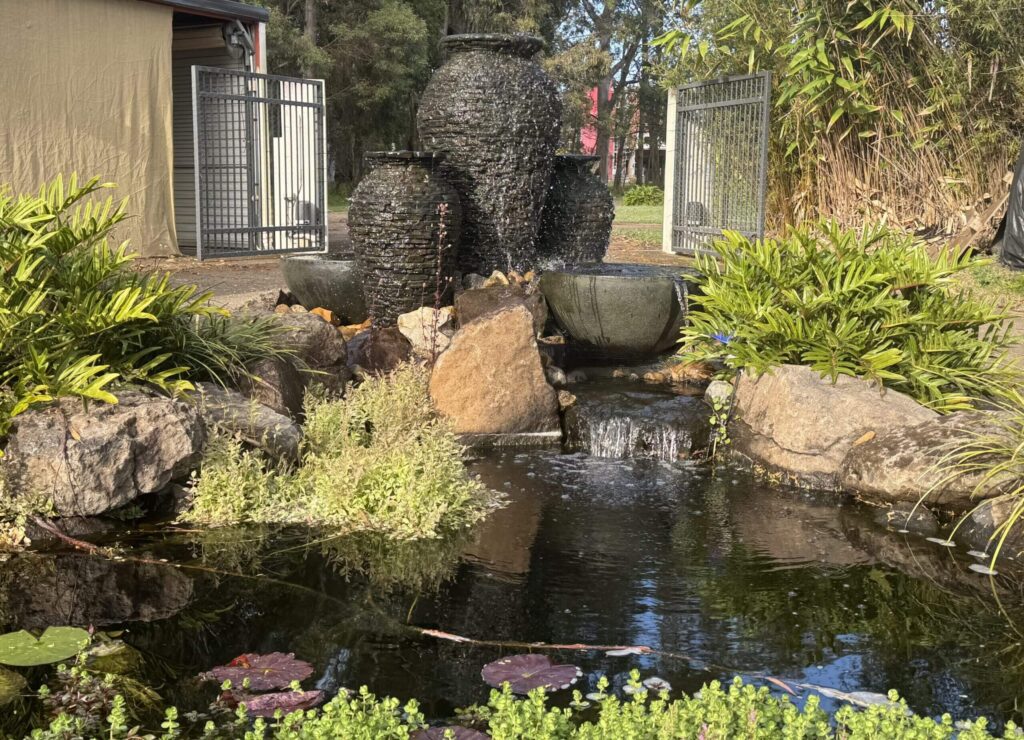 Aquascape Patio Ponds, a Medium Stacked Slate Urn and Small Stacked Slate Urns cascading into a custom ecosystem fish pond in Thornlands, Queensland.