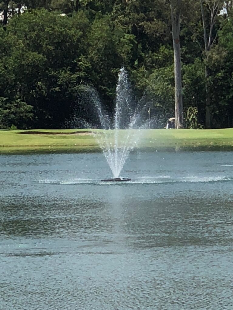 Fountain jets shooting water upward from a small central fountain in a pond, with green trees and lawn in the background.